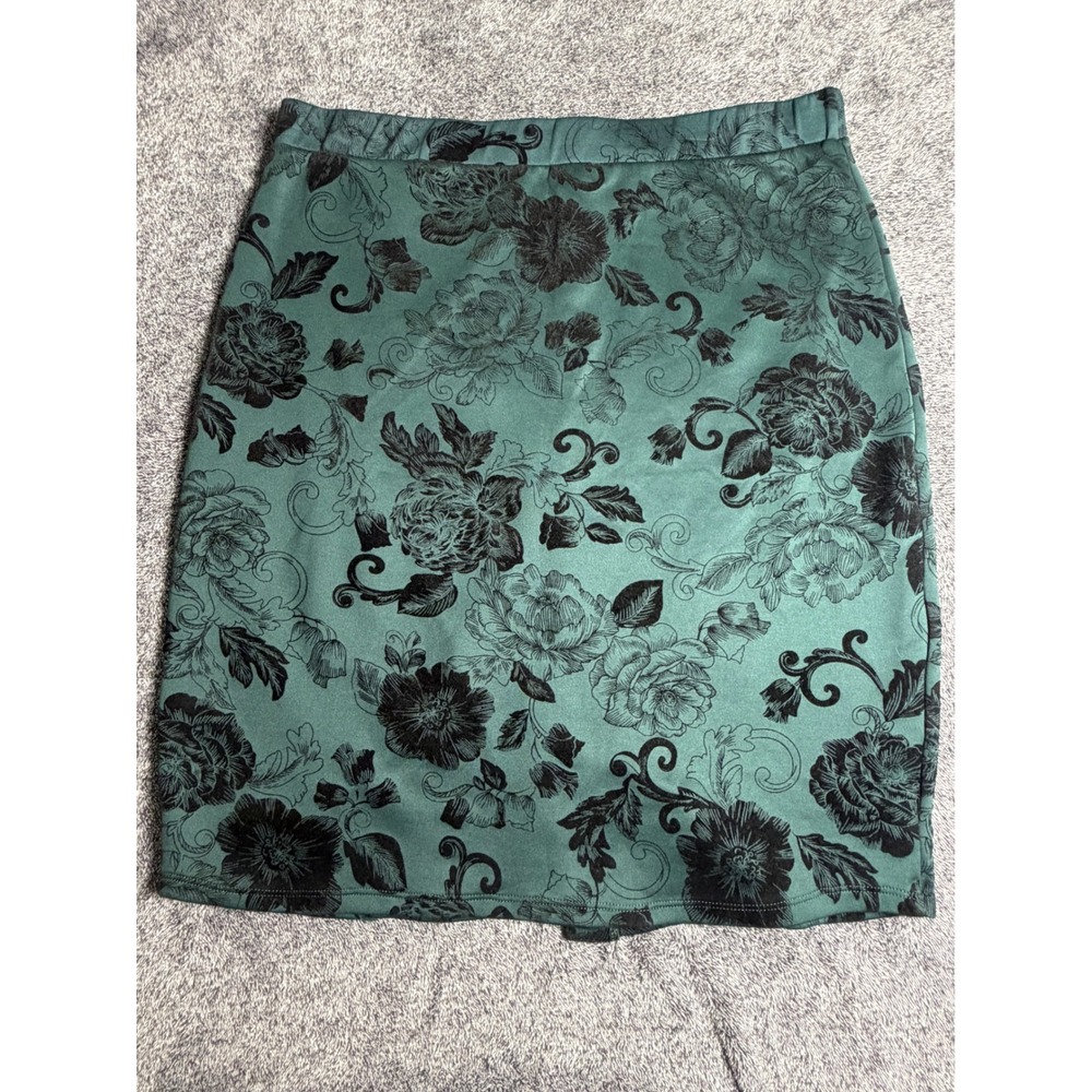 Faith and Joy Green Black Floral Pencil Skirt 3X Plus Scuba Knit Stretch Vent